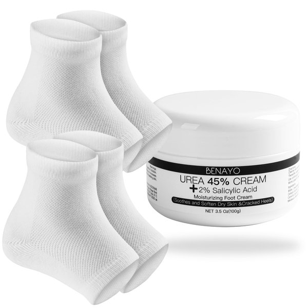 Moisturizing Foot kit for Women Gifts,Urea Cream 45% Plus Salicylic Acid 2% Foot Cream, Reusable 2Pairs Gel Lining Moisturizing Heel Socks for Dry Cracked Feet,Cracked Heel Repair.(White)
