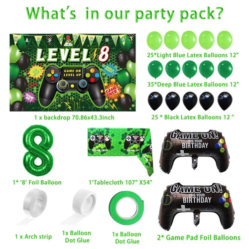 Vlipoeasn 90PCS 8th Birthday Video Game Party Decorations for Boys Set Green 8th Birthday Supplies -8th Video Game Backdrop, Balloons, Tablecloth, Gamer and 8 Foil Balloons for 8th Birthday Party