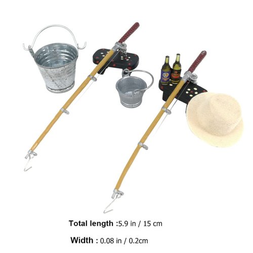 Kisangel 1Set Miniature Fishing Pole Dollhouse Fishing Rod Set Miniature Fishing Gear for Mini Bench Hat Beer Bottles Buckets House Decor