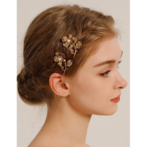 Teyglen 2pcs Gold Flower Wedding Hair Comb Vintage Flower Leaf Headpiece for Bride Small Cute Flower Pearl Hair Piece Hair Accessories for Women Girls