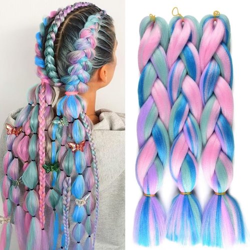Jumbo Braiding Hair For Women Mix Four Colored Hair Extensions For Braiding Hair Extensions 24inch Rainbow Colors Synthetic Fiber For Box Braiding Hair(Light Purple/Light Green/Blue/Pink-3Pcs)