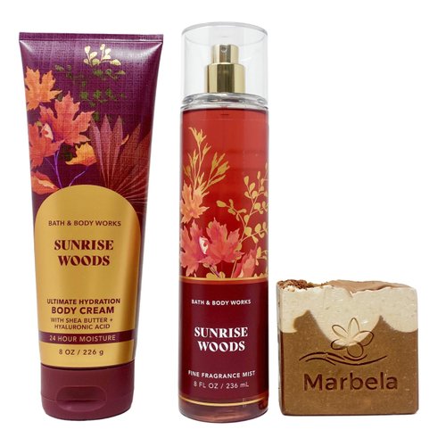 Bath & Body Works Sunrise Woods - Duo Set- Fine Fragrance Mist and Body Cream With a Yamma Jamma Bar Soap.