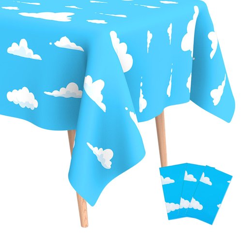 3Pcs Blue Sky and White Clouds Tablecloth Birthday Party Supplies, 54x108 Inch Cartoon Story Tablecloth, Cartoon Tablecovers Party Table Cover for Baby Boy Girl Kids Shower Birthday Party Decorations