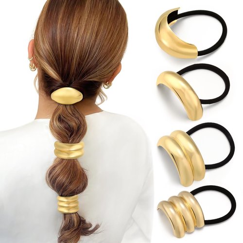 4PCS Gold Hair Ties, Metal Hair Ties for Thick Hair, Gold Geometric Hair Ties No Damage, Gold Ponytail Cuff Elastic Hair Ties for Women, Gold Hair Accessories for Christmas Holiday Gifts