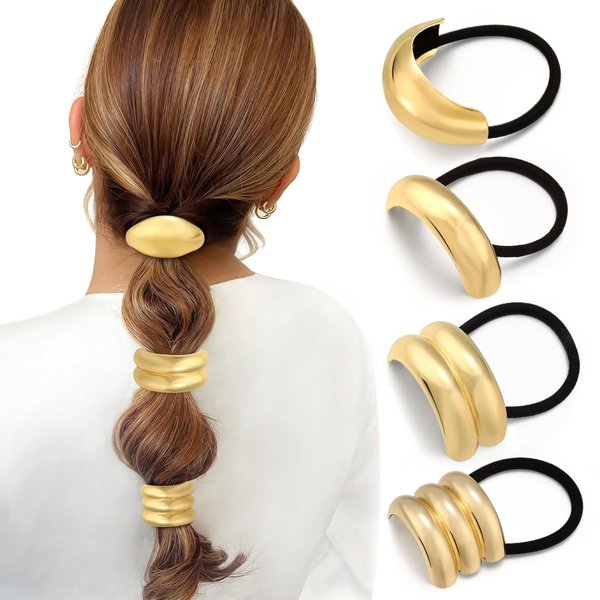 4PCS Gold Hair Ties, Metal Hair Ties for Thick Hair, Gold Geometric Hair Ties No Damage, Gold Ponytail Cuff Elastic Hair Ties for Women, Gold Hair Accessories for Christmas Holiday Gifts