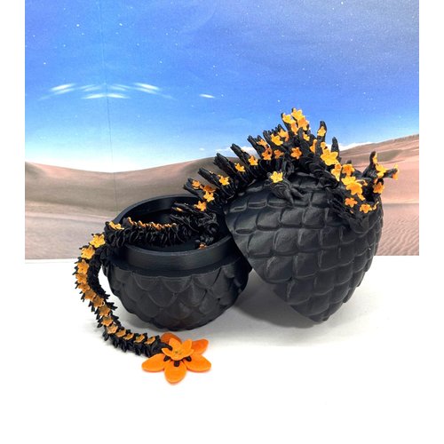 3D Printed Dragon with Dragon Egg, Articulated Black and Orange Cherry Blossom Dragon, Executive Desk Toy, Fidget ADHD Autism Toy D064-BE
