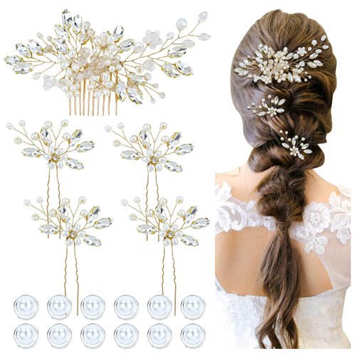 inSowni 17 Pieces Gold Metal Rhinestone Pearl Wedding Bridal Hair Side Comb Slides+U-shaped Flower Hair Pins+Pearl Twist Spiral Hairpins for Brides Bridesmaids Women Girls