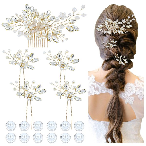 inSowni 17 Pieces Gold Metal Rhinestone Pearl Wedding Bridal Hair Side Comb Slides+U-shaped Flower Hair Pins+Pearl Twist Spiral Hairpins for Brides Bridesmaids Women Girls