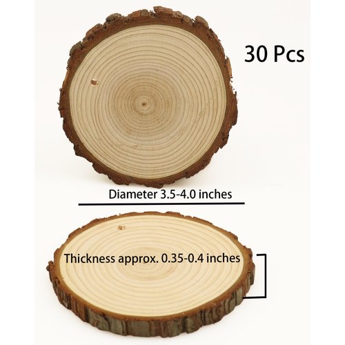 Natural Wood Slices 30 Pcs 3.5-4 Inches Craft Unfinished Wood Kit Predrilled Wooden Rounds with Bark, Wood Circles with Hole, Wood Slices for Crafts Ideal for DIY Projects, Christmas Ornaments