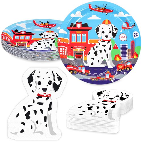 DYLIVeS Firetruck and Dog Plates Napkins Set, Fire Station Fire Dog Dinner Plates Spotted Dogs Napkins Disposable Tableware Fire Truck Birthday Decorations Firedog Party Supplies for Kids, Serve 16