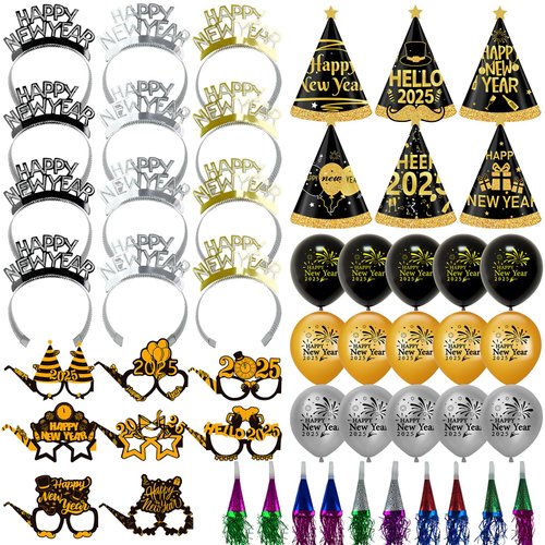 2025 New Years Eve Party Supplies, 53pcs Happy New Year Headband Tiara Party Hats Cone Hats Party Metallic Fringed Noise Makers 2025 New Years Eve Party Balloons for New Year Party Favors Accessories