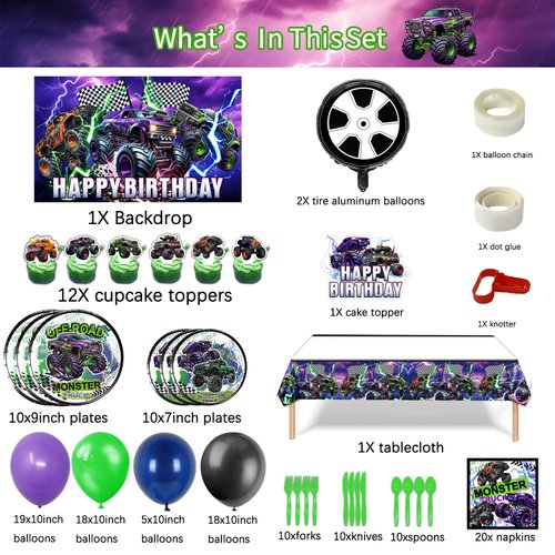 Heidaman 150Pcs Monster Truck Birthday Decorations，Monster Truck Party decorations，Monster Truck Birthday Party Supplies，Include Balloon arch,Backdrop, Cake Toppers，Tableware, Tablecloth