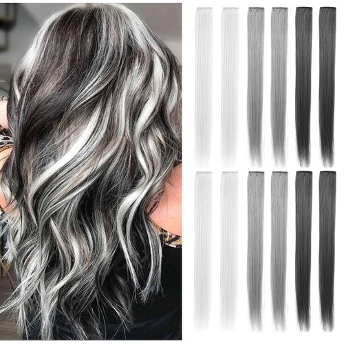 Fcysws Gray Clip in Hair Extensions 21 Inch Heat-Resistant Synthetic straight Hair Extensions for Women Girls Gift Party Highlights Multi-colored Hairpiece 12 PCS (Light gray,Gray,Dark gray)