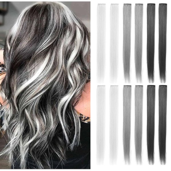 Fcysws Gray Clip in Hair Extensions 21 Inch Heat-Resistant Synthetic straight Hair Extensions for Women Girls Gift Party Highlights Multi-colored Hairpiece 12 PCS (Light gray,Gray,Dark gray)