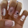Press on Nails Square Medium Black Love Heart False Nails with Design Valentine's Day Fake Nails White Glitter French Acrylic Nails Full Cover Coffin Artificial Nails, Glue on Nails for Women 24Pcs