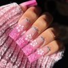 Hkanlre Pink Press on Nails Square Long Fake Nails Tips Full Cover Gradient False Flower Nails for Women and Girls 24PCS