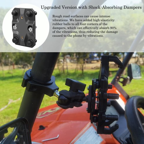 UTV Phone Mount with Shock-Absorbing Cushion Module, Suitable for 1.5-2-in Roll Bar. The UTV Phone Holder Allows for a 720° Rotation at Any Angle,Can Be Easily Installed and Removed with One Hand.
