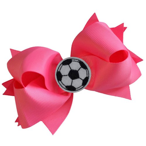 SOCCER BALL BOW Girls 4.5 Inch Grosgrain Soccer Hair Bow with Embroidered Soccer Ball By Funny Girl Designs (Hot Pink)