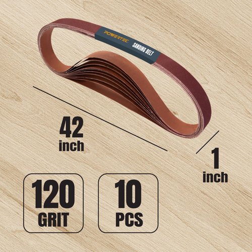 POWERTEC 414212A 1 x 42 Inch Sanding Belts, 120 Grit Aluminum Oxide Belt Sander Sanding Belt for Belt Sander, Belt and Disc Sander, Wood & Paint sanding, Metal Polishing, Knife Sharpening, 10PK