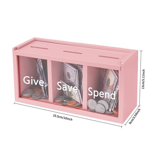 Mczxon Spend Save Give Piggy Bank for Kids, Money Coin Savings Piggy Bank Jar Box for Kids Child Safe Money Saver, Teach Children About Giving & Saving Money Piggy Box for Childrens Boys Girls, Pink