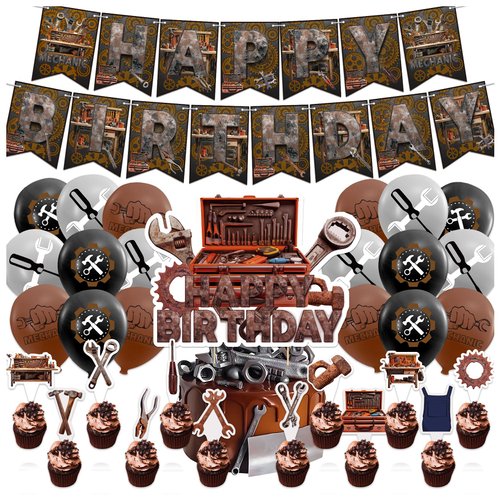 Mechanic Theme Party Supplies Mechanic Birthday Party Decorations Includes Mechanic Happy Birthday Banner Cake Topper Cupcake Toppers Balloons for Mechanic Theme Party