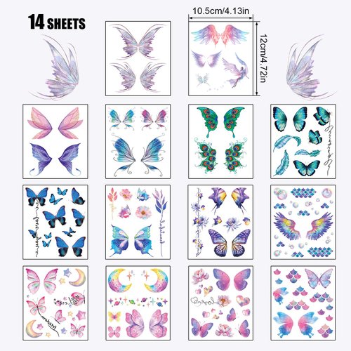 14 Sheets Glitter Butterfly Temporary Tattoos, Waterproof Fairy Wings Temporary Tattoo Body Art Fake Tattoos for Women Girls Festival Music Party Favors Cosplay Eye Face Makeup