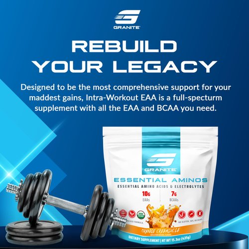Granite 10g Essential Amino Acids Powder | Muscle Recovery Supplement for Muscle Growth | 7g BCAA Powder with Electrolytes | 30 Servings | Orange Creamsicle Flavor | Soy & Gluten Free | Made in USA
