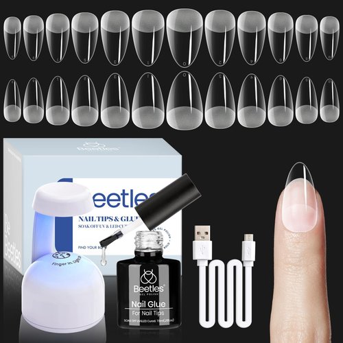 Beetles Gel Nail Kit Almond: 504Pcs Beetles Gel Nail Kit Easy Nail Extension Set Etch X Nail Tips Short Medium Almond Half Matte Nail Tips 5 in 1 Nail Glue Uv Led Nail Lamp DIY