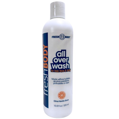 Fresh Body FB All Over Wash for Hair, Face & Body, 10.8oz Shampoo and Body Wash for Men & Women - Citrus Vanilla Grove Shower Gel, Made without Alcohol, Sulfates, Dyes or Parabens