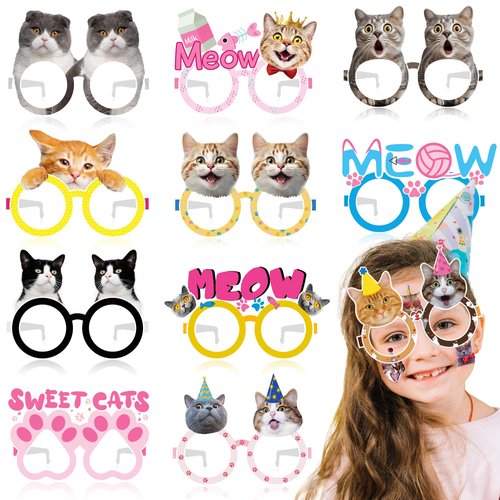 MDNHIO 36PCS Cat Party Favor 24PCS Tattoos 12PCS Paper Eyeglasses Kitty Themed Paper Photo Booth Props Birthday Party Decorations Dress Up Cute Style Funny Sunglasses Supplies Photography