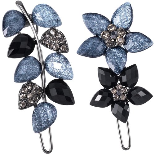 HINZIC 2Pcs 2inch Gray Black Crystal Rhinestone Hair Clips Vintage Small Flower Snap Clips Sparkly Decorative Hair Barrettes Wedding Engagement Prom Hair Accessories for Women Bride