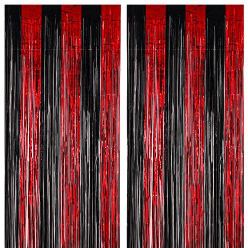 Voircoloria 2 Pack 3.3x8.2 Feet Red and Black Foil Fringe Backdrop Curtains, Tinsel Streamers Birthday Party Decorations, Fringe Backdrop for Graduation, Movie Night, Horror Party