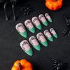 Halloween Press on Nails Medium Almond Matte Fake Nails Dark Green French Tip False Nails With Skull,Leaves Designs Full Cover Stick on Nails Acrylic Artificial Nails Glue on Nails for Women 24Pcs