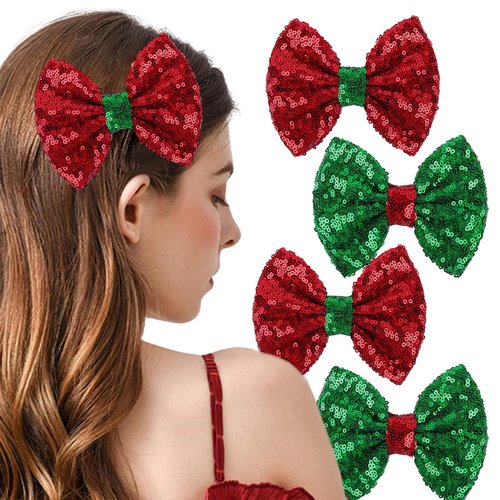 4 Pcs Christmas Hair Bow Clips Green Red Glitter Hair Clip Hair Accessories, Ribbon Bow Hairpins Xmas Holiday Bow Hair Barrettes Party Gifts (Green Red, 5")