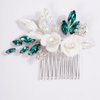 Missgrace Leaf & Flower Hair Comb, Wedding Crystal Rhinestones, Silver Green, for Brides Women