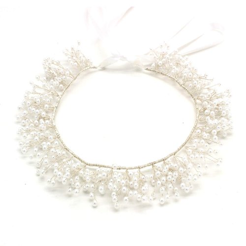 Weddingtopia Crystal Princess Pageant Hand-made Pearl Wedding Hairband for Bride And Matching Necklace Earring Set – Rhinestone Bridal Tiara Crown With Side Combs Wedding Tiara Comb Pin (silver)