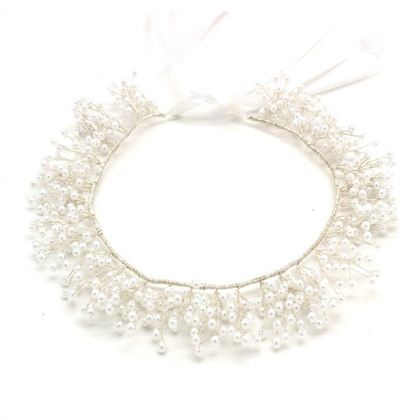 Weddingtopia Crystal Princess Pageant Hand-made Pearl Wedding Hairband for Bride And Matching Necklace Earring Set – Rhinestone Bridal Tiara Crown With Side Combs Wedding Tiara Comb Pin (silver)