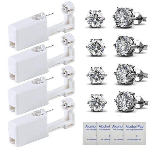 HYJLPAF Safety Ear Piercing Kit – 4 Pack Disposable Self Ear Piercing Gun with 5mm Silver Earring Studs