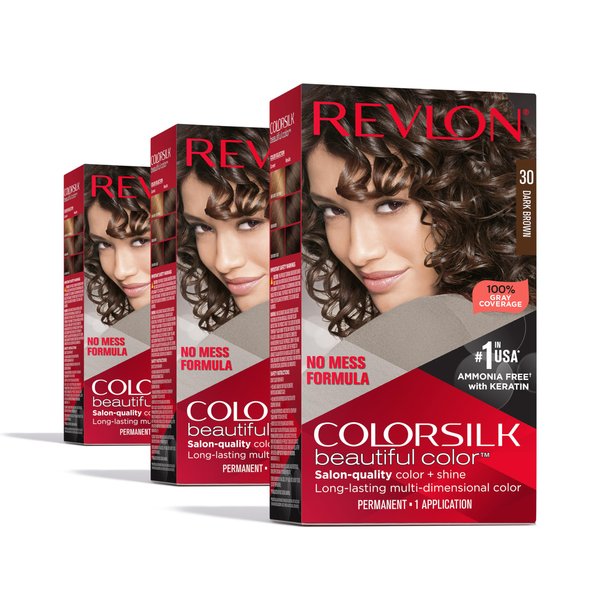 Permanent Hair Color by Revlon, Permanent Brown Hair Dye, Colorsilk with 100% Gray Coverage, Ammonia-Free, Keratin and Amino Acids, Brown Shades, 30 Dark Brown (Pack of 3)