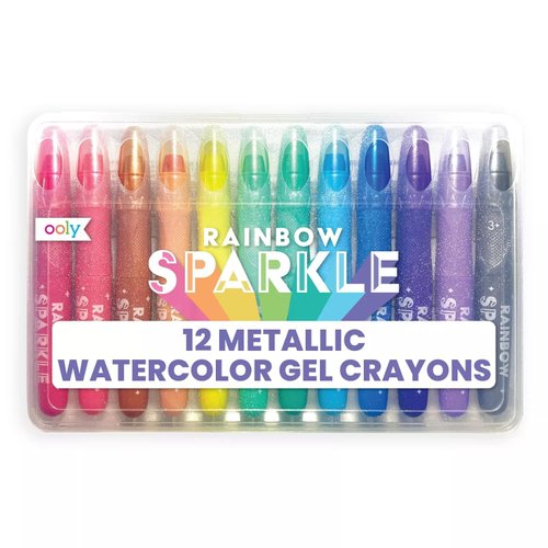 OOLY, Rainbow Sparkle Metallic Watercolor, Art Supplies, Set of 12, Glitter Gel Markers for Kids and Toddlers, Colorful Twistable Crayons for School, Drawing, Coloring, and More
