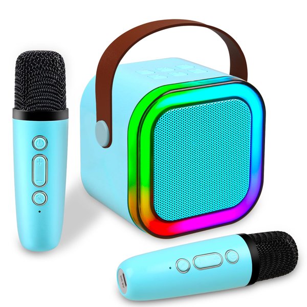 Mini Karaoke Machine, Portable Bluetooth Speaker with 2 Wireless Microphone, Toys for 3-12 Years Old Boys Gifts, Kids Karaoke Microphone Machine Toy for Party/Meeting/Adults/Kids (Blue)