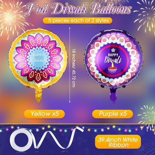 Libima 10 Pcs Diwali Decorations 18 Inch Foil Diwali Balloons with 1 Roll Ribbon Deepavali Party Foil Balloons for Indian Rangoli Party Decorations Festival of Lights Party Supplies Favors, 2 Styles