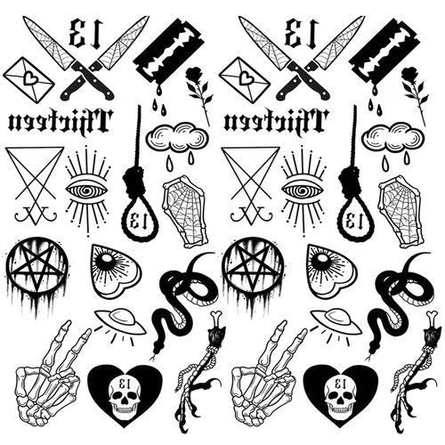 Oottati 2 Sheets Small Tiny Temporary Tattoo Stickers Black Finger Heart Eye Skull Bone Totem Snake Knife