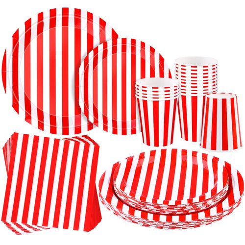 durony 64 Pieces Carnival Table Decorations White and Red Striped Paper Plates Napkin Cup Circus Theme Party Decorations for Carnival, Birthday, Picnic Party