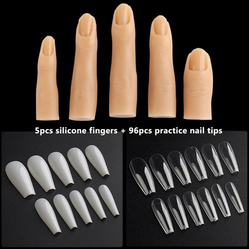 Fcozpjk Silicone Practice Fingers for Acrylic Nails, 5PCS Soft Fake Fingers for Nails With 96PCS False Nail Tips, Nail Training Mannequin Finger, Nail Practice Hand for Acrylic Nail Kit