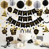 YEOCU 40th Birthday Decorations, Happy Birthday Banner with Honeycomb Balls, Gifts Hanging Swirl Streamers, Circle Dots Garland - Happy Birthday Party Decorations for Women Men (Black and Gold, 40th)