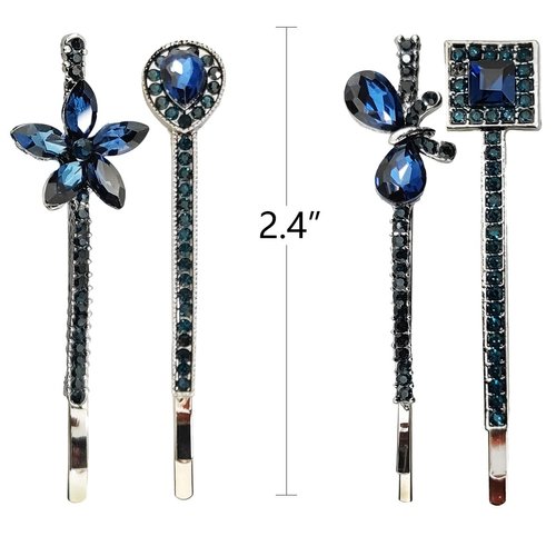 8 Pieces/4 Pairs Vintage Blue Rhinestone Hair Pins 2.4" Side Clips Sapphire Decorative Bobby Pins Navy Blue Hair Clip Wedding Flower Butterfly Hair Barrettes Hair Accessories for Women Girls