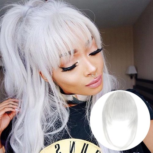 VANANGA French Hair Bangs Clip on, Silver Grey Long Wispy Bangs Hair Clip with Temples Natural Fringe Neat Bangs Hair Clip Hair Piece Long Bangs Clip in Hair Extensions for Women(Silver Grey)