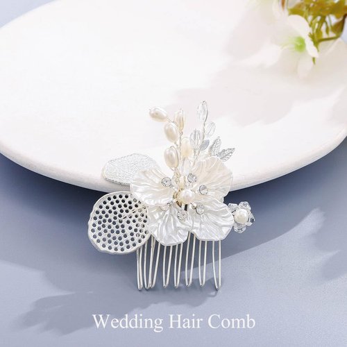 Foyte Pearl Flower Hair Comb Wedding Crystal Hair Comb Silver Hair Accessories for Women and Brides