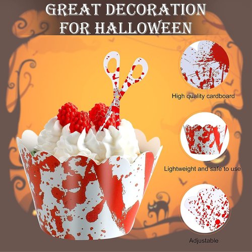 YuBoBo Halloween Cupcake Toppers Wrappers, Horror Cake Halloween Decoration Bloodstain Cake Knife Scissors Food Decor Party Supplies (12 sets (24pcs))